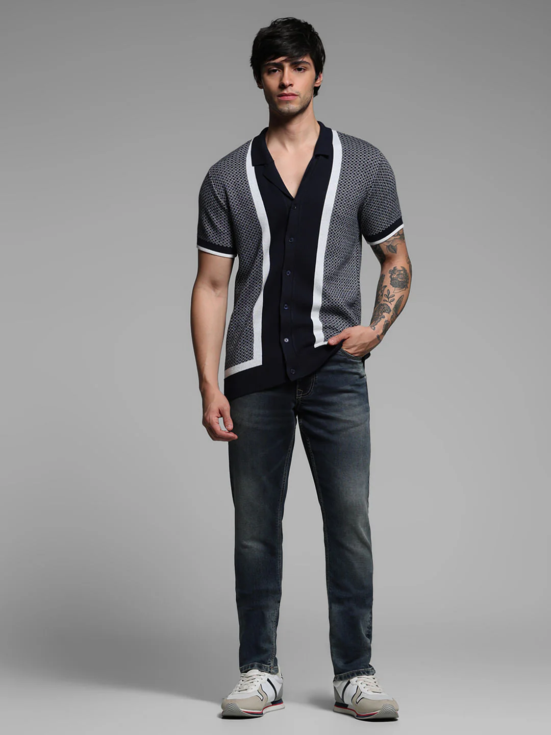 Blue Geometric Print Knitted Polo - Image 6