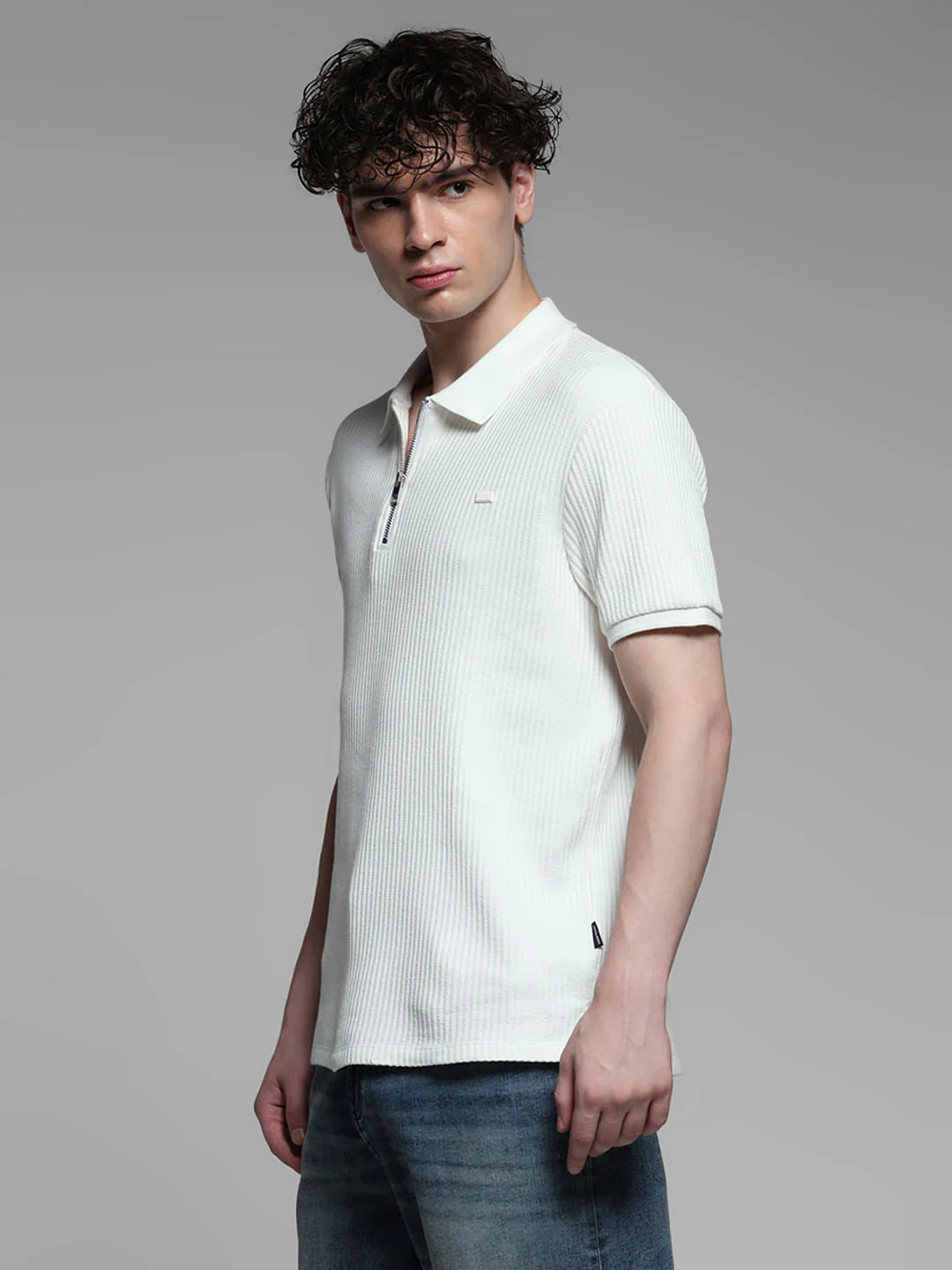 White Ribbed Zip-Up Polo - Image 3