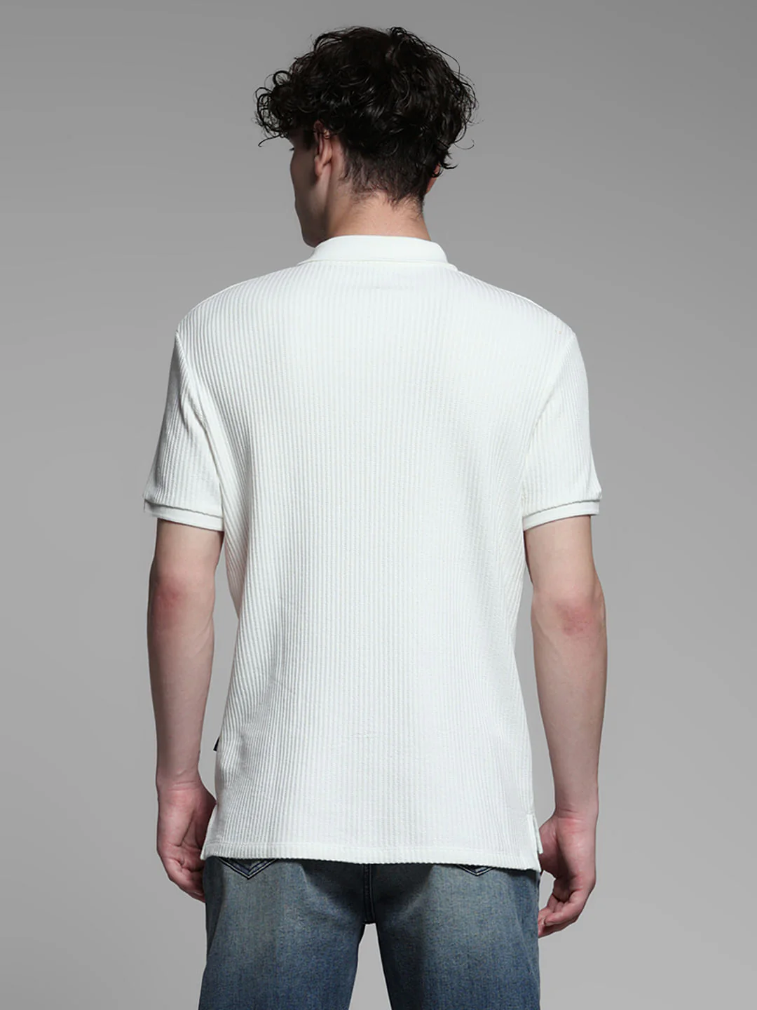 White Ribbed Zip-Up Polo - Image 4