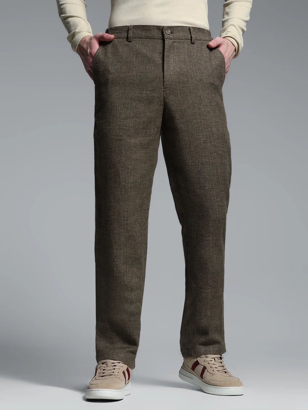 Men's Linen Blend Slim Fit Formal Trousers - Brown Solid