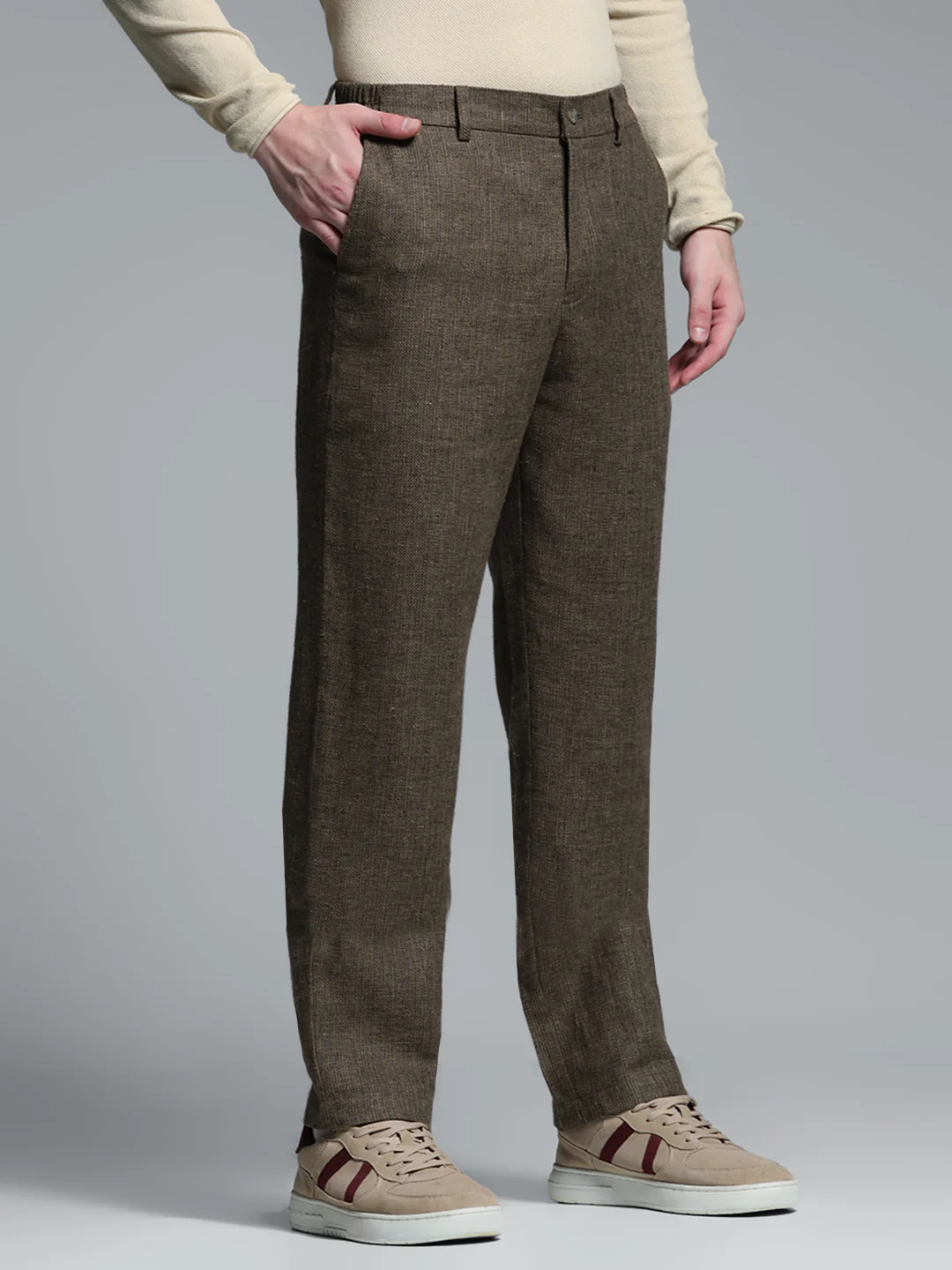 Men's Linen Blend Slim Fit Formal Trousers - Brown Solid - Image 2