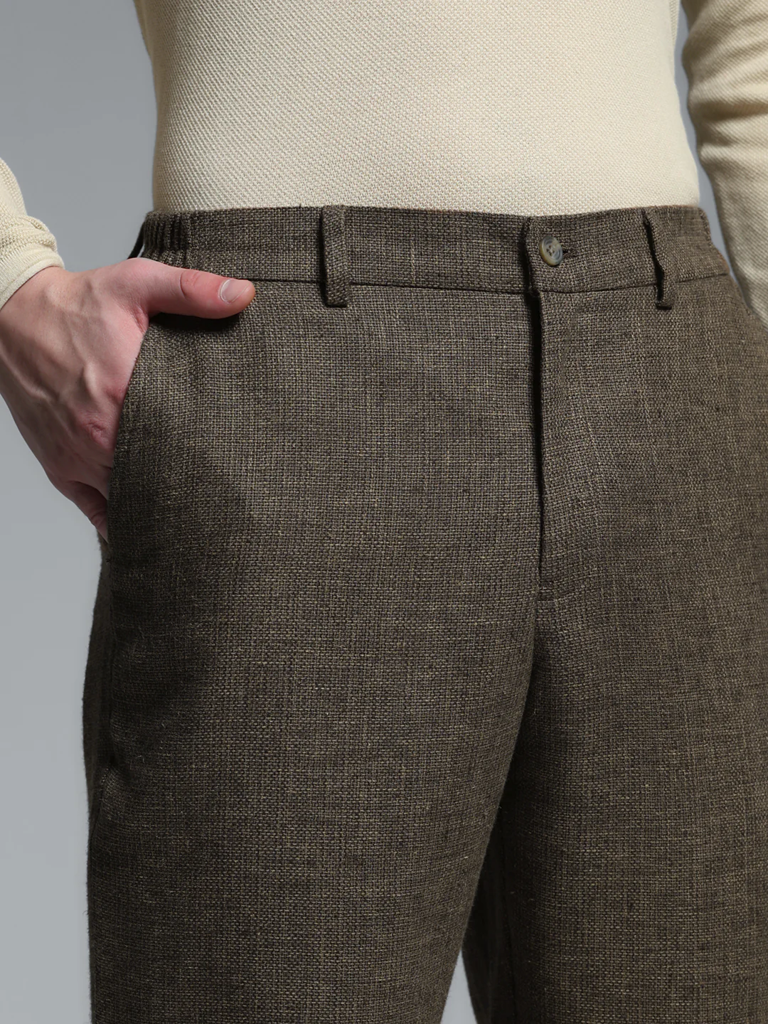 Men's Linen Blend Slim Fit Formal Trousers - Brown Solid - Image 4