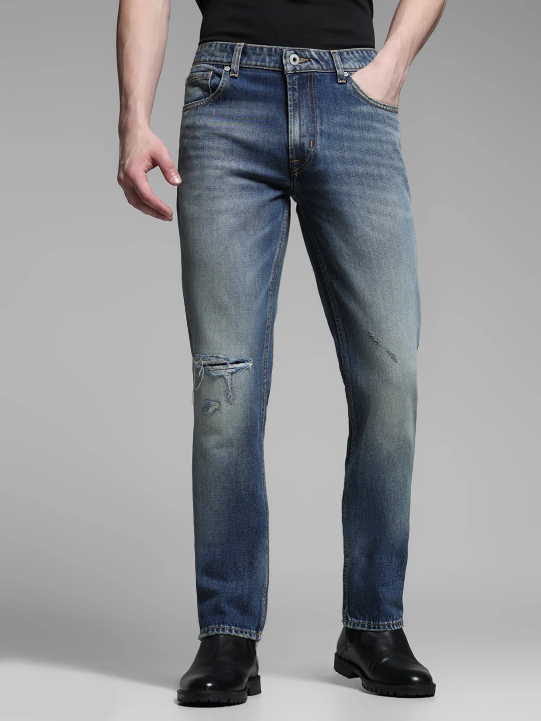 Men's Medium Blue Denim Straight Fit Distressed Jeans
