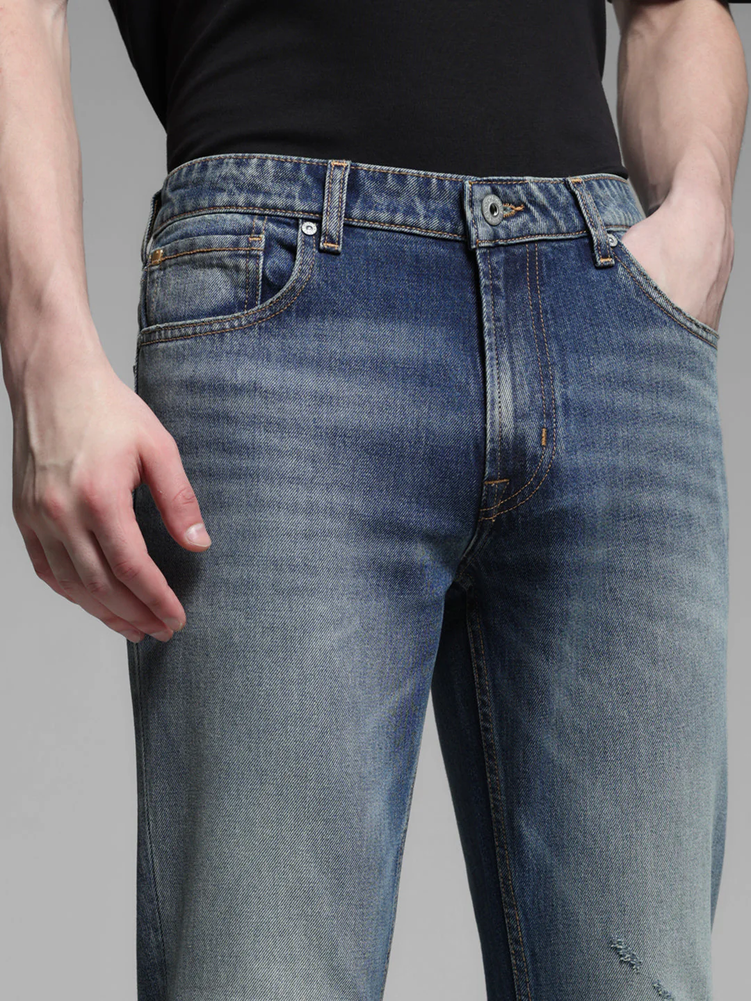 Men's Medium Blue Denim Straight Fit Distressed Jeans - Image 4