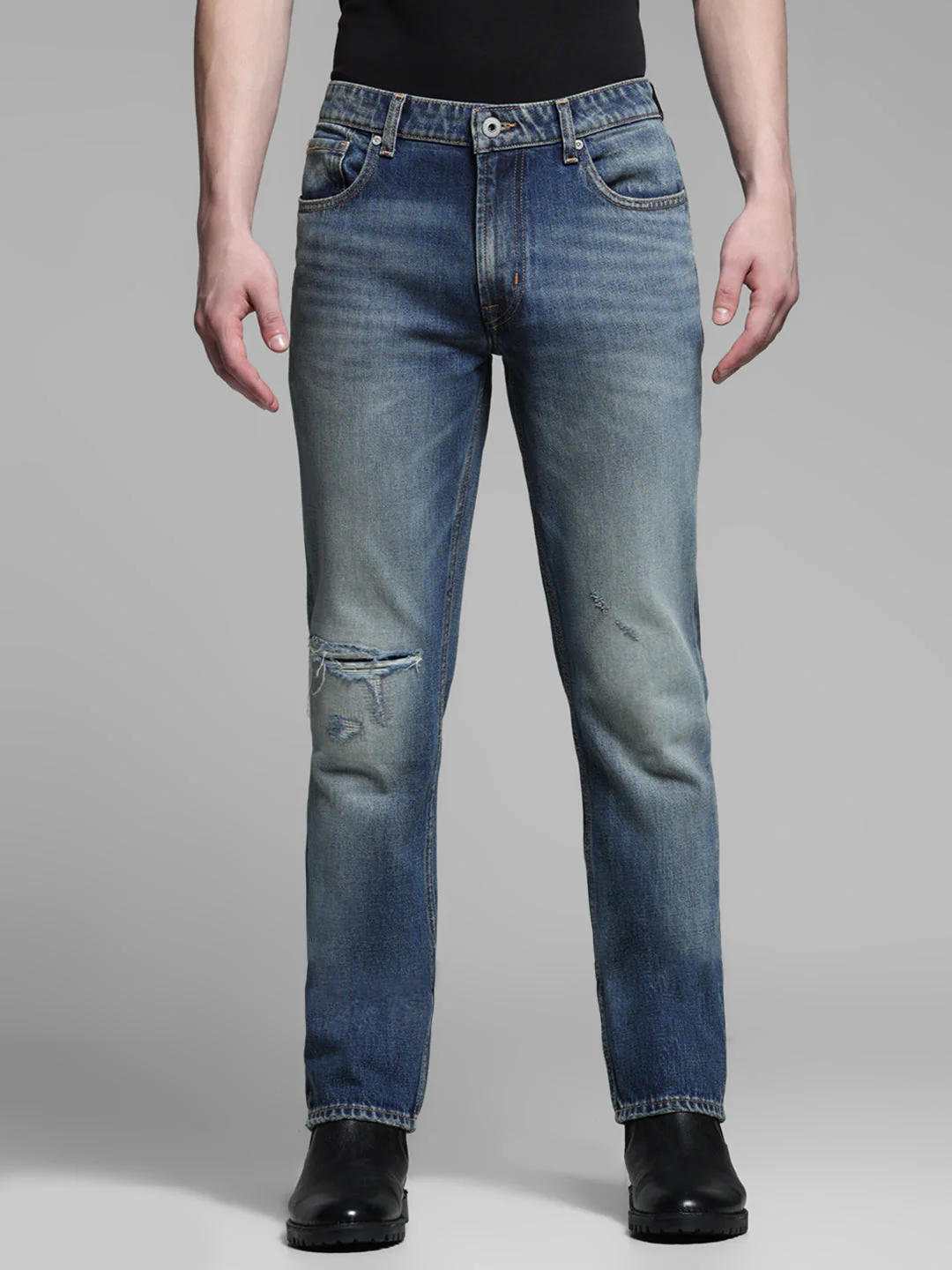 Men's Medium Blue Denim Straight Fit Distressed Jeans - Image 9