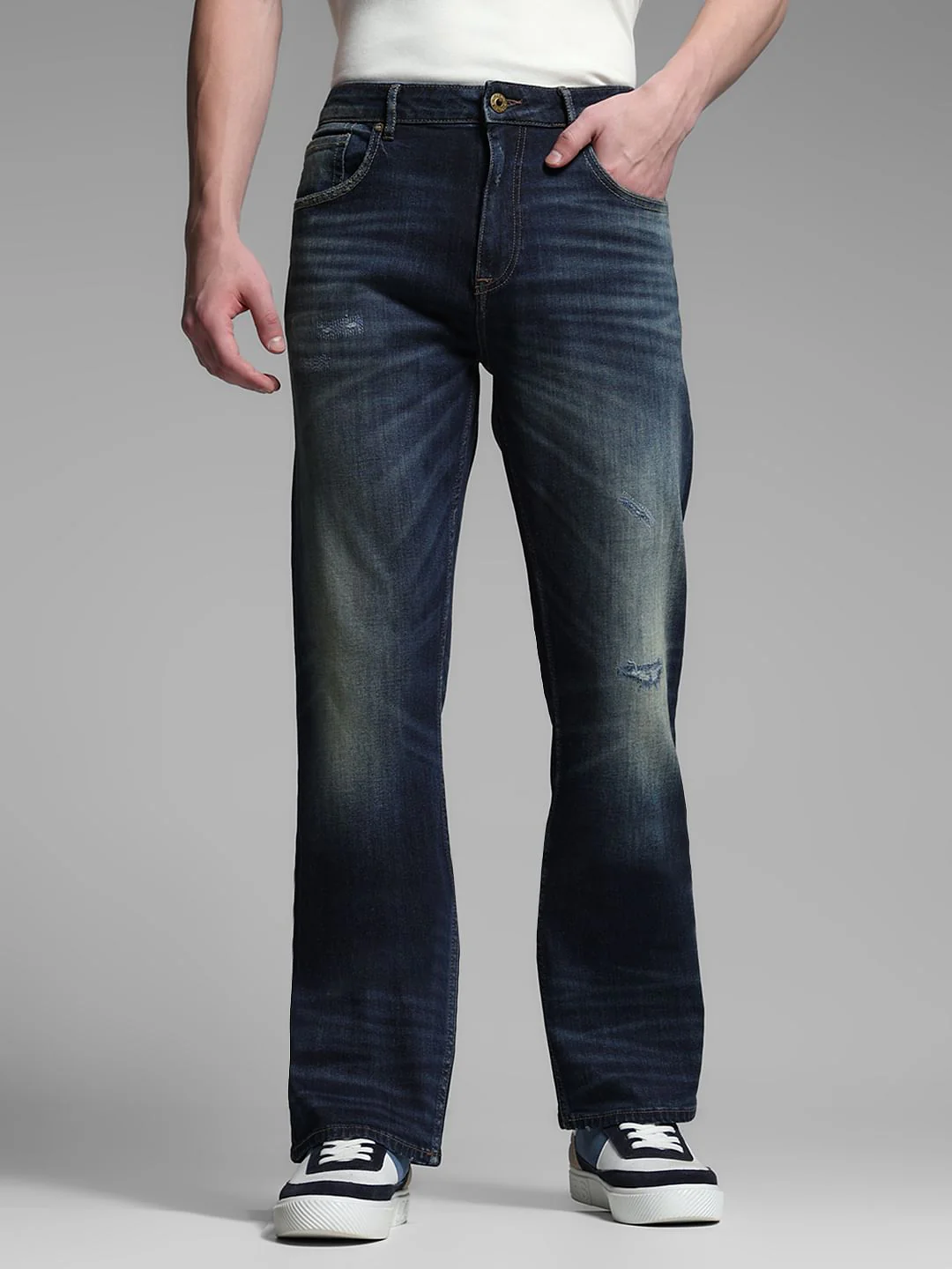 Dark Blue Distressed Cliff Bootcut Jeans