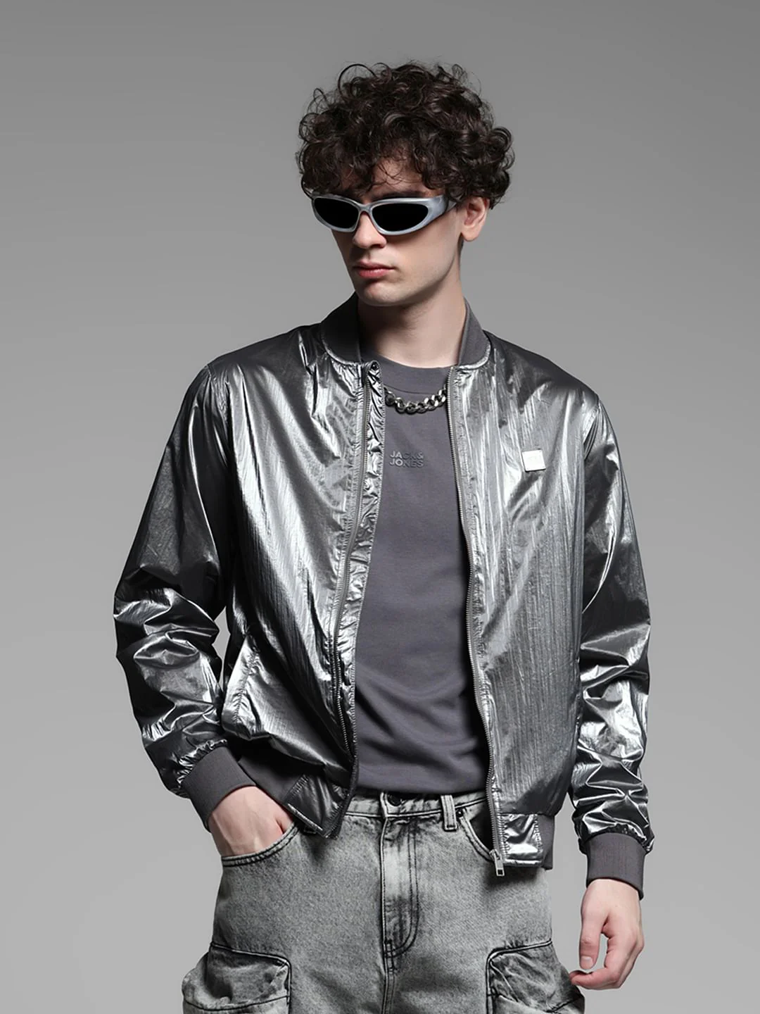 Metallic Grey Bomber Jacket