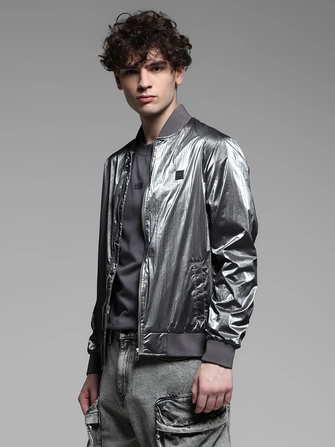 Metallic Grey Bomber Jacket - Image 3