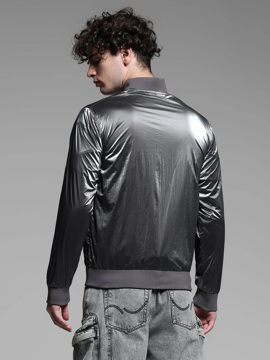 Metallic Grey Bomber Jacket - Image 4