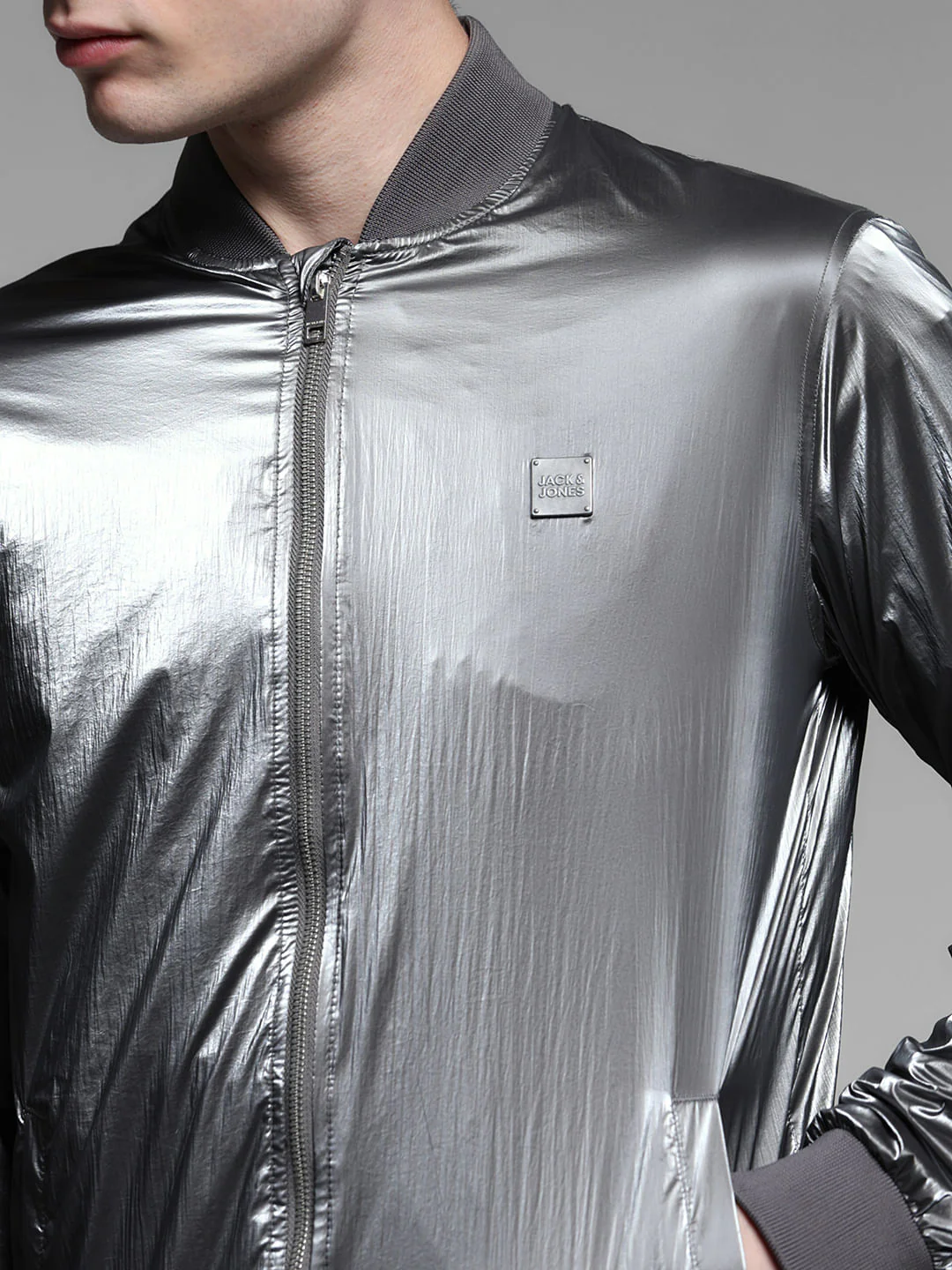 Metallic Grey Bomber Jacket - Image 5