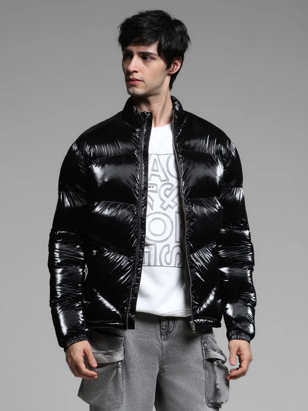 Black High Neck Puffer Jacket - Image 2