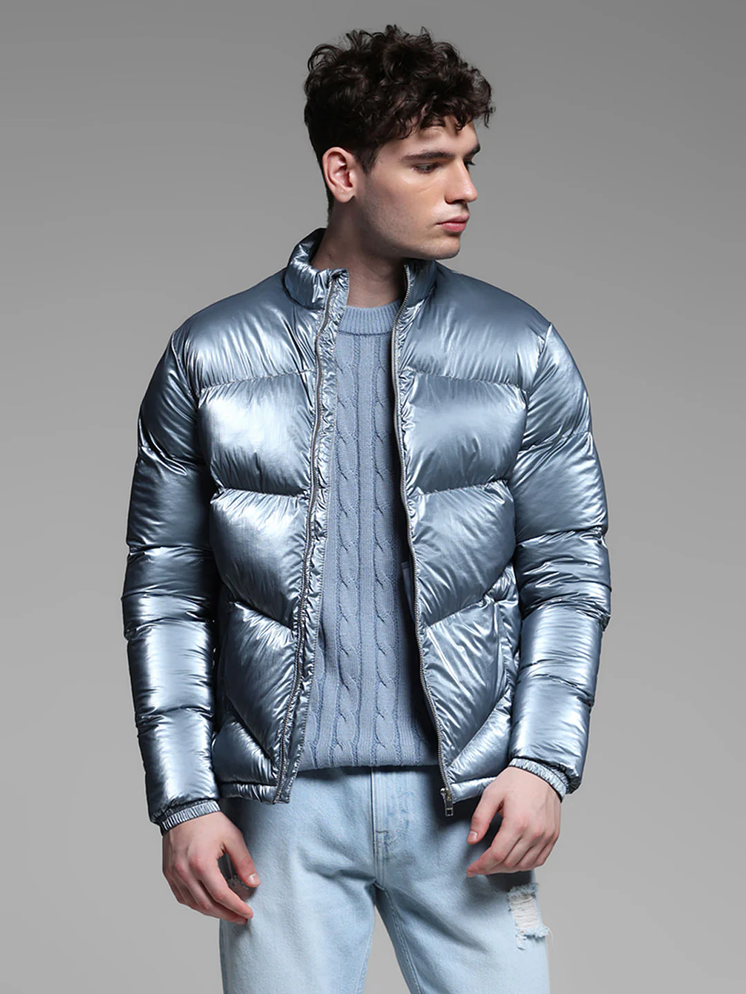 BLUE HIGH NECK PUFFER JACKET - Image 2