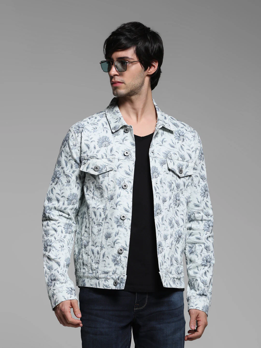 Men's Off White Floral Print Denim Jacket With Flap Pockets
