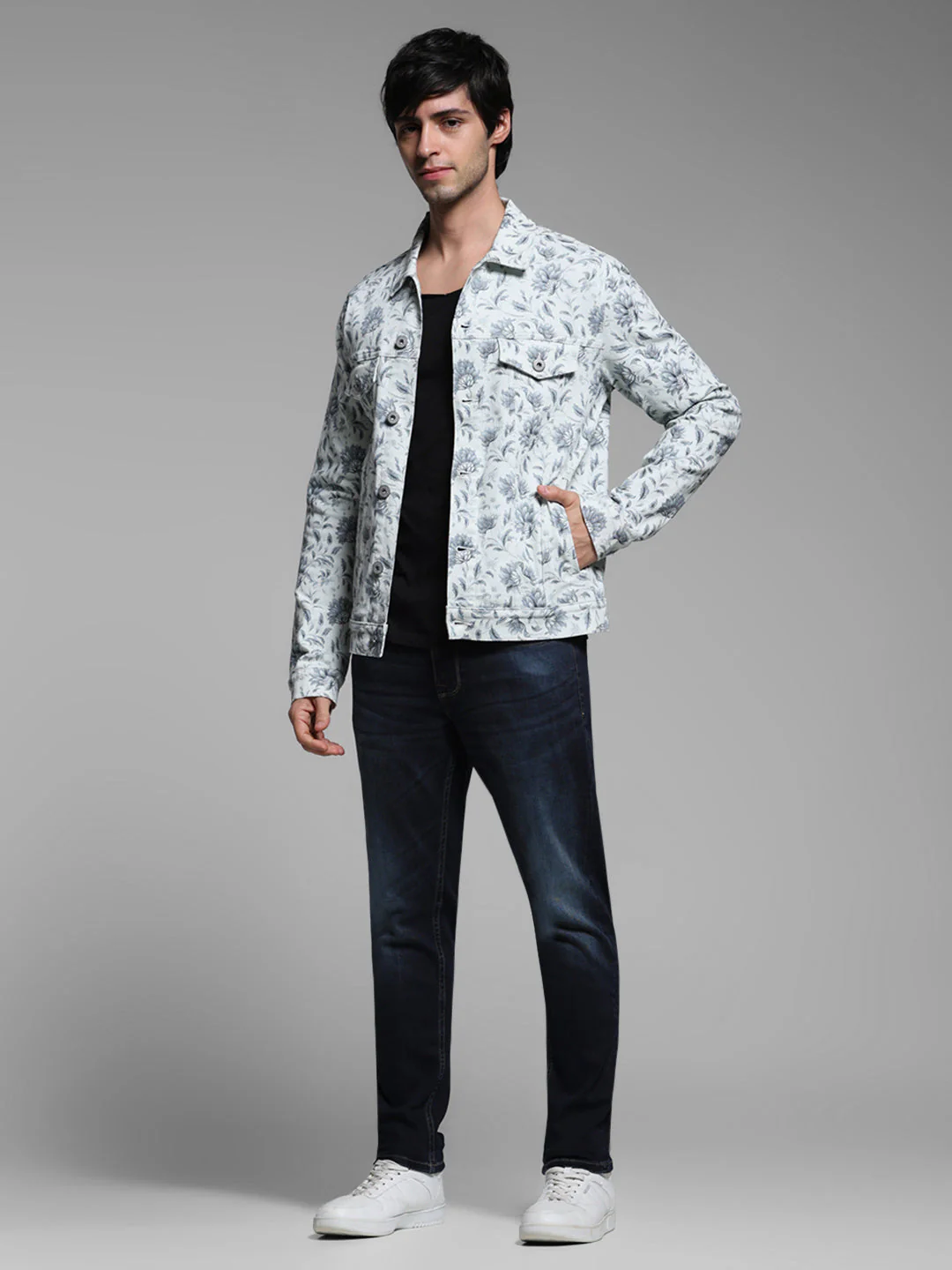Men's Off White Floral Print Denim Jacket With Flap Pockets - Image 6