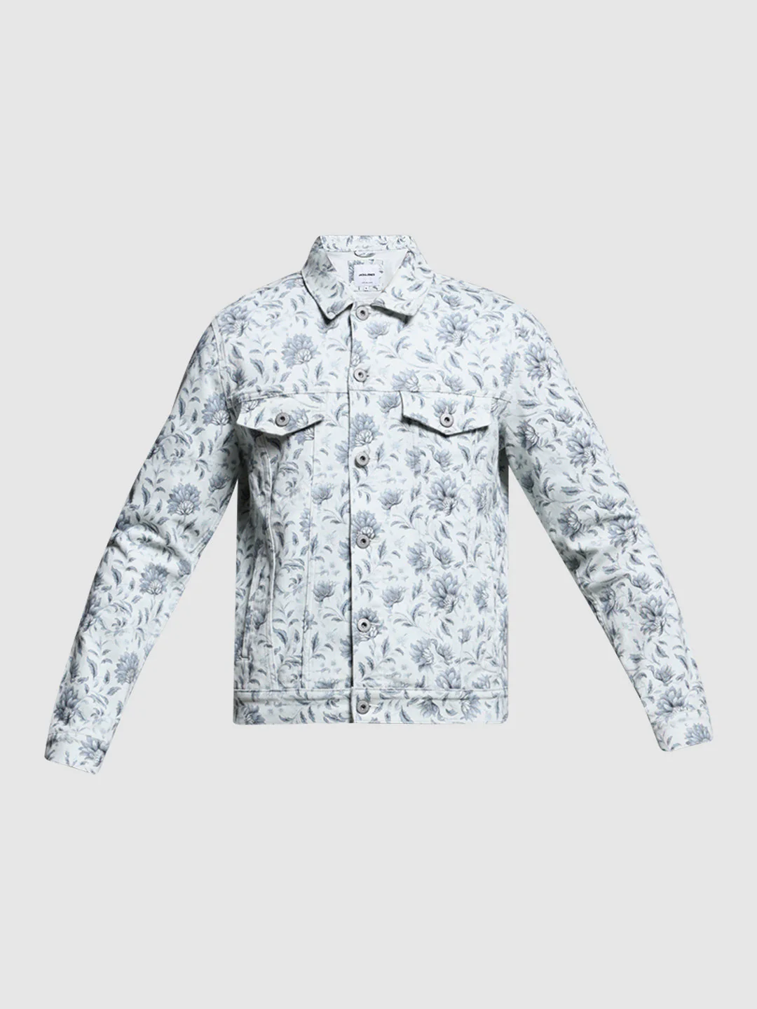 Men's Off White Floral Print Denim Jacket With Flap Pockets - Image 7