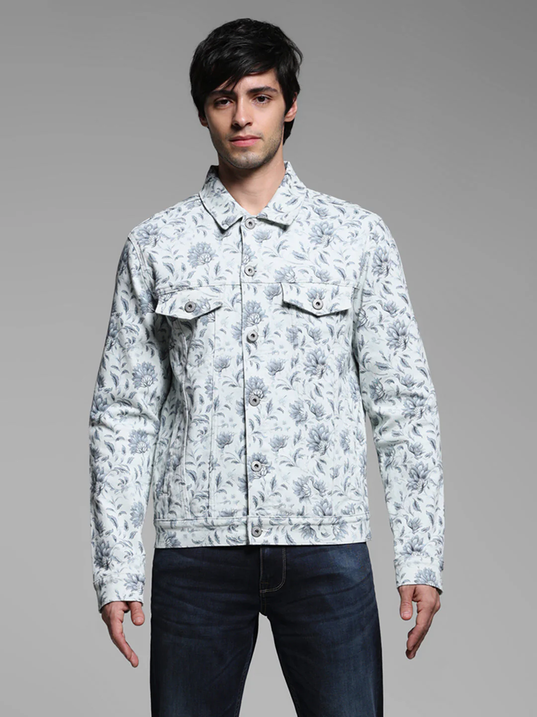 Men's Off White Floral Print Denim Jacket With Flap Pockets - Image 8