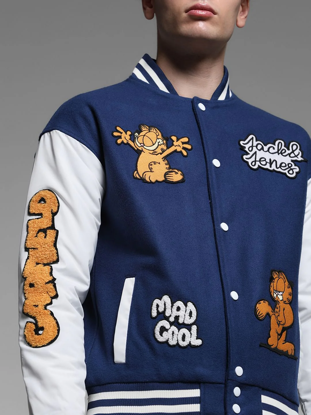 JACK&JONES X GARFIELD Blue Applique Patchwork Bomber Jacket - Image 5