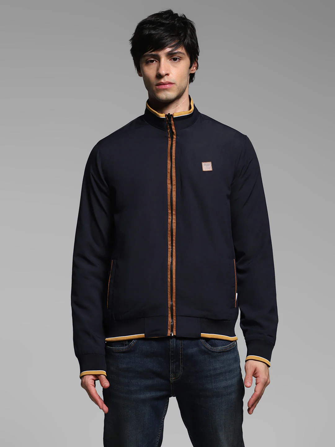 Men's Navy Blue Reversible Bomber Jacket With High Neck - Image 10