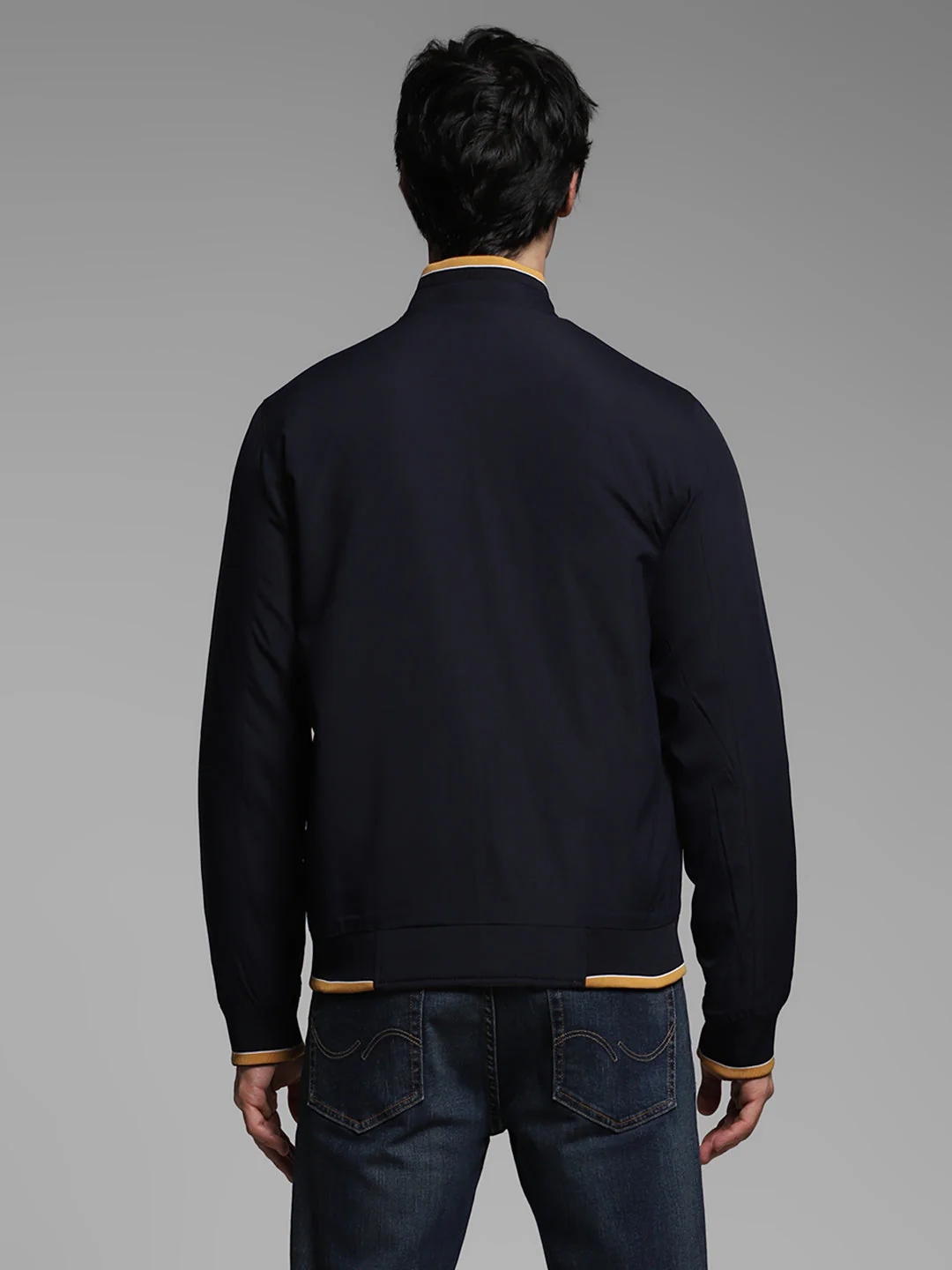 Men's Navy Blue Reversible Bomber Jacket With High Neck - Image 11