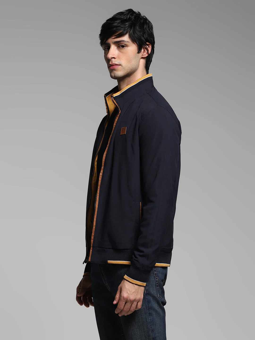 Men's Navy Blue Reversible Bomber Jacket With High Neck - Image 4