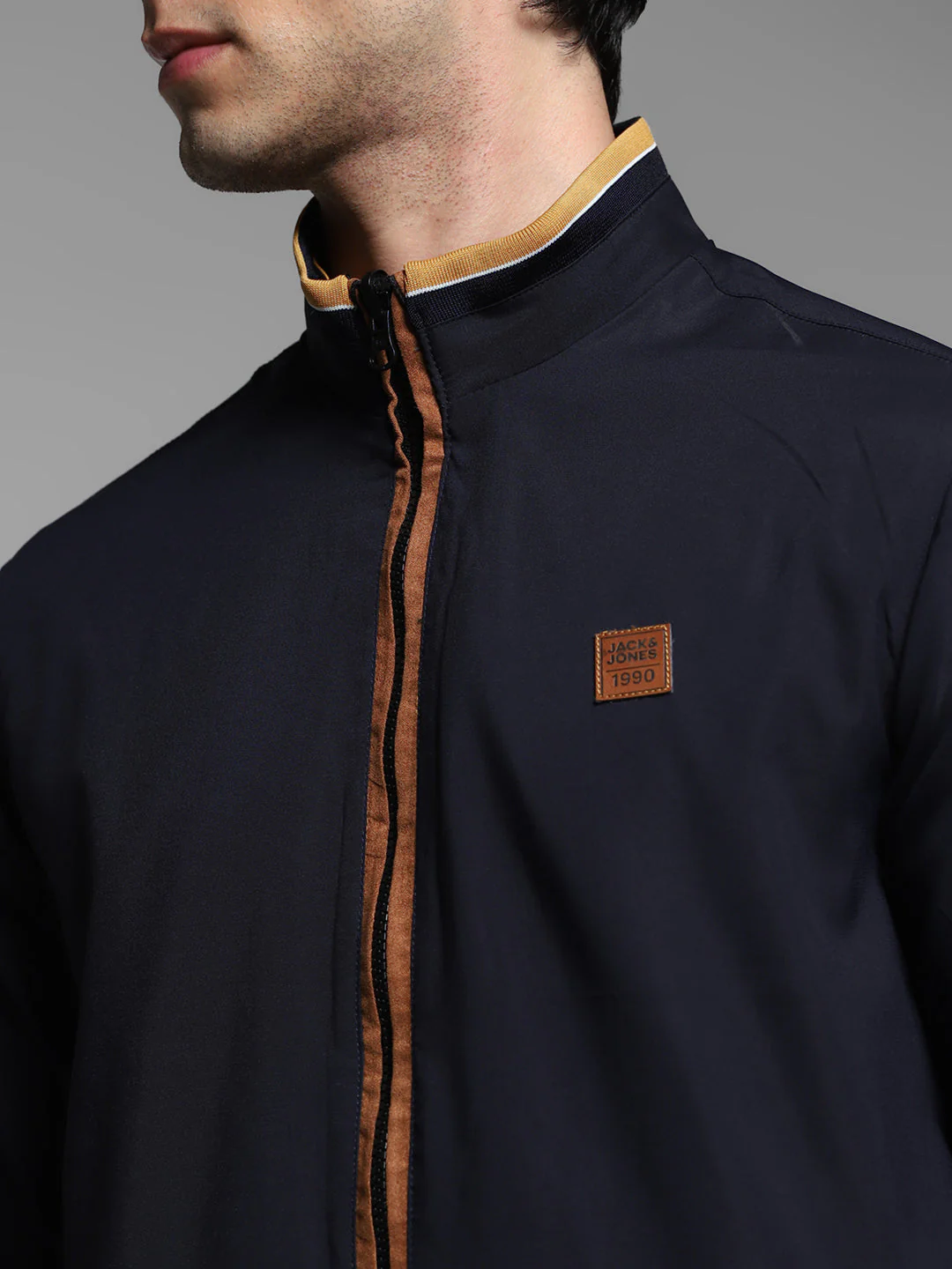 Men's Navy Blue Reversible Bomber Jacket With High Neck - Image 6
