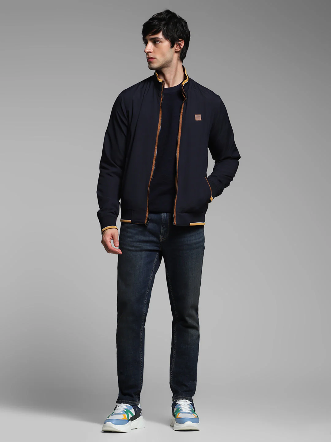 Men's Navy Blue Reversible Bomber Jacket With High Neck - Image 8