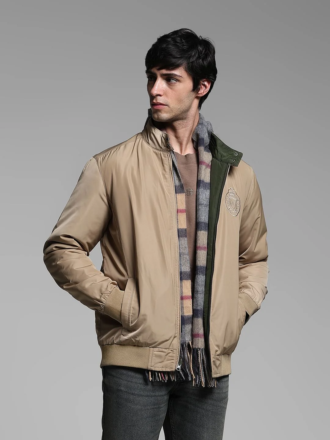 Olive Reversible High Neck Bomber Jacket