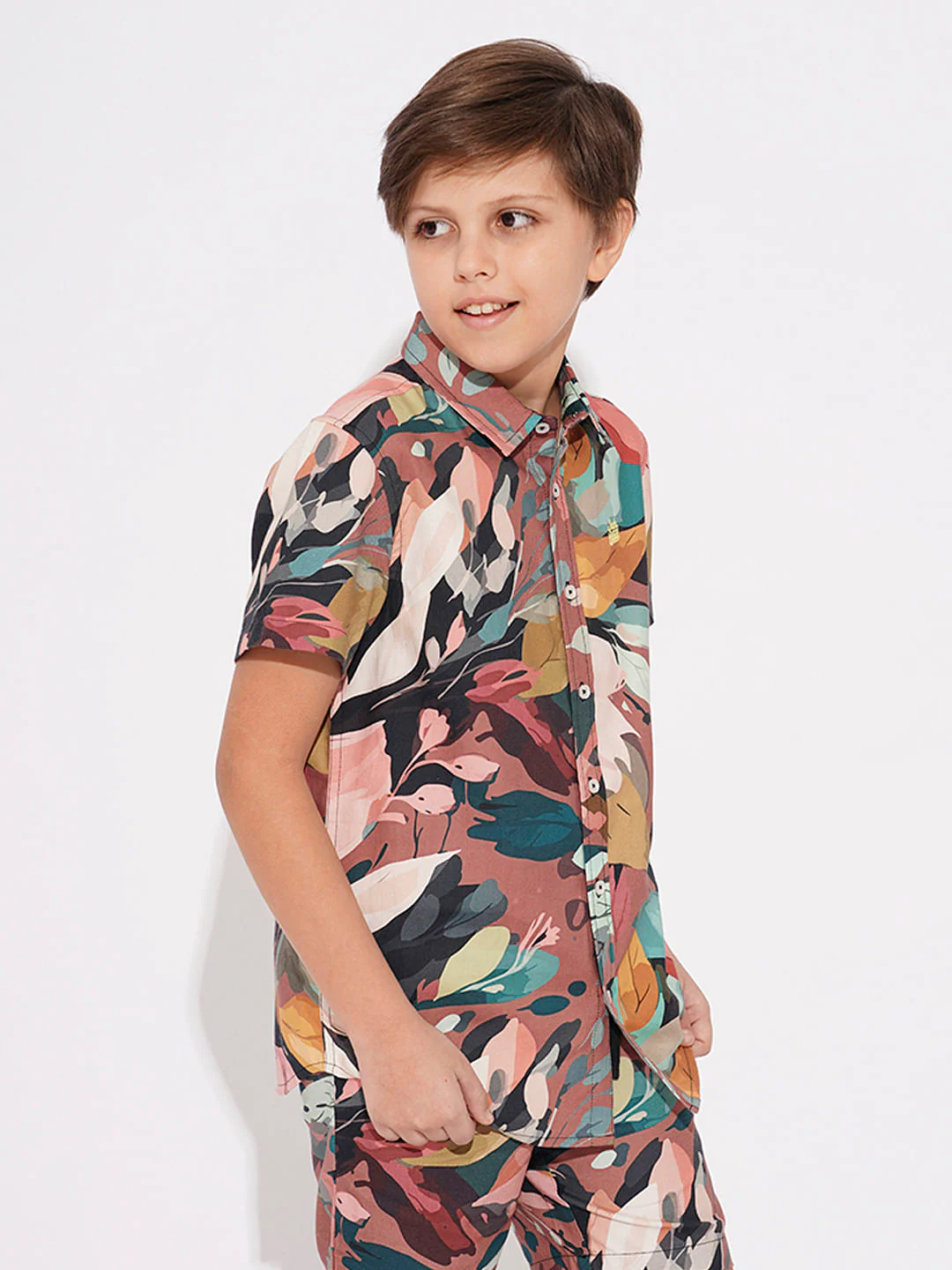 BOYS Brown Printed Co-ord Set Shirt - Image 3
