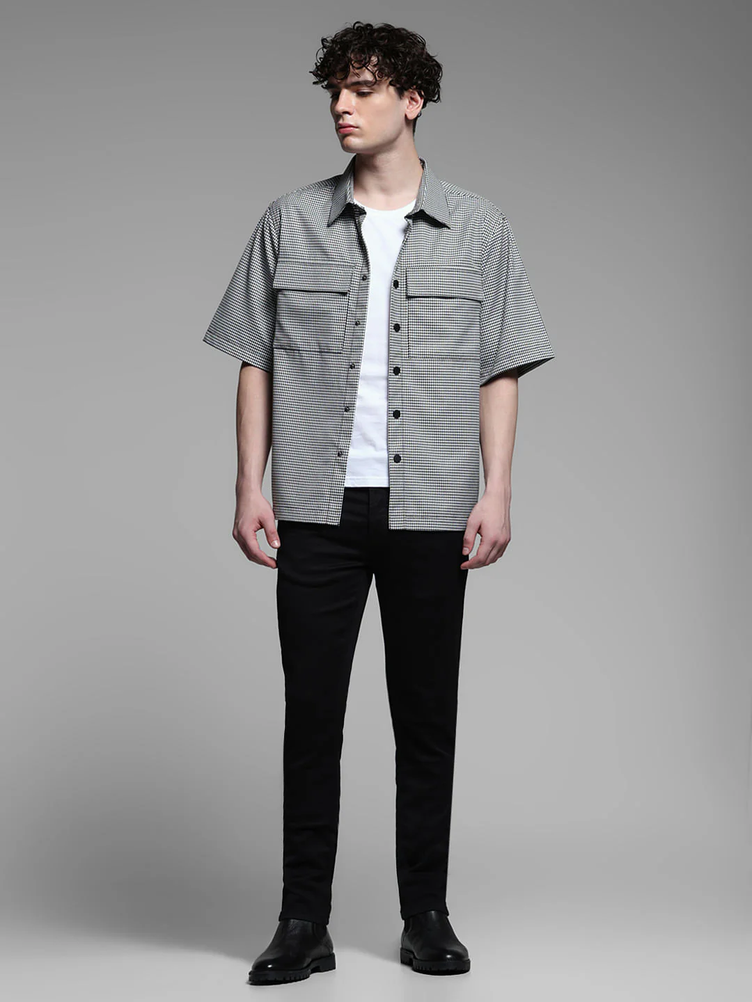 Black Check Cotton Short Sleeves Shirt - Image 6