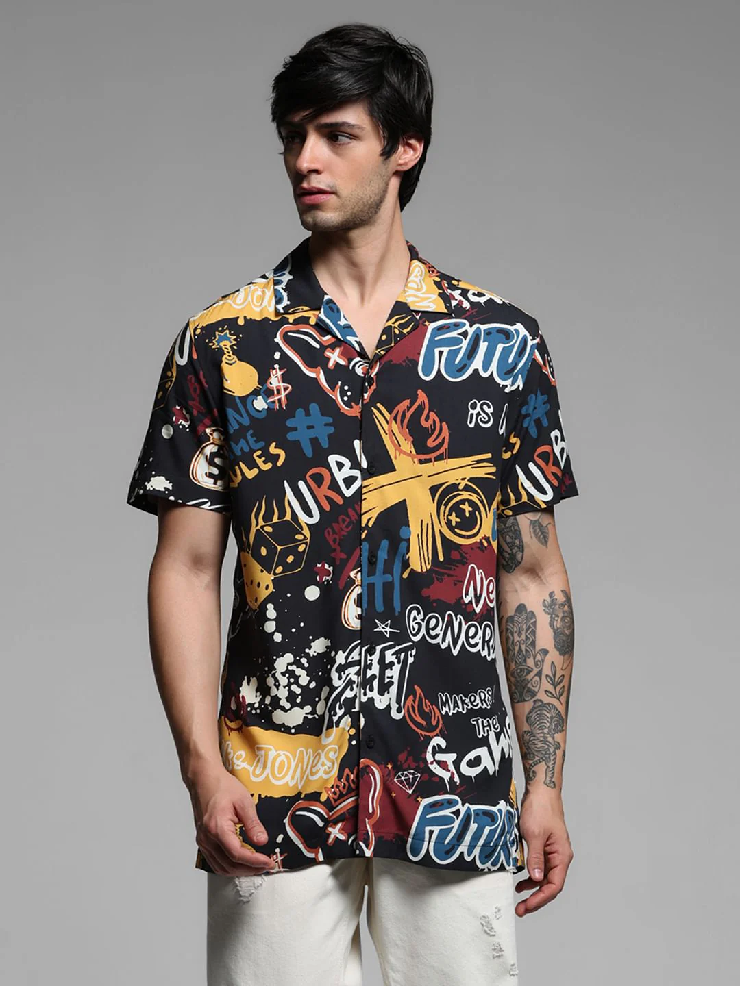 Black Graphic Print Short Sleeves Shirt - Image 2