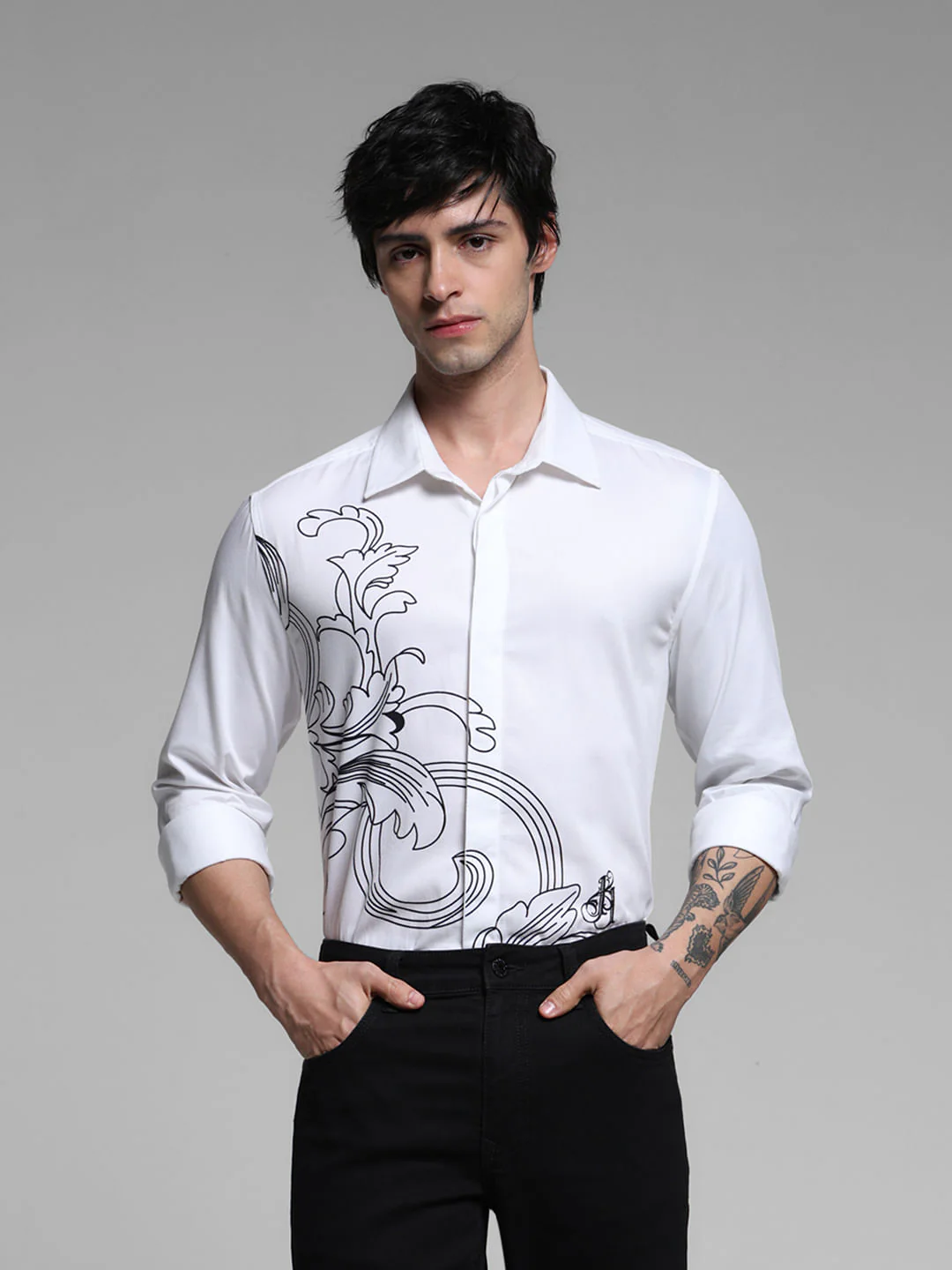 White Printed Full Sleeves Shirt