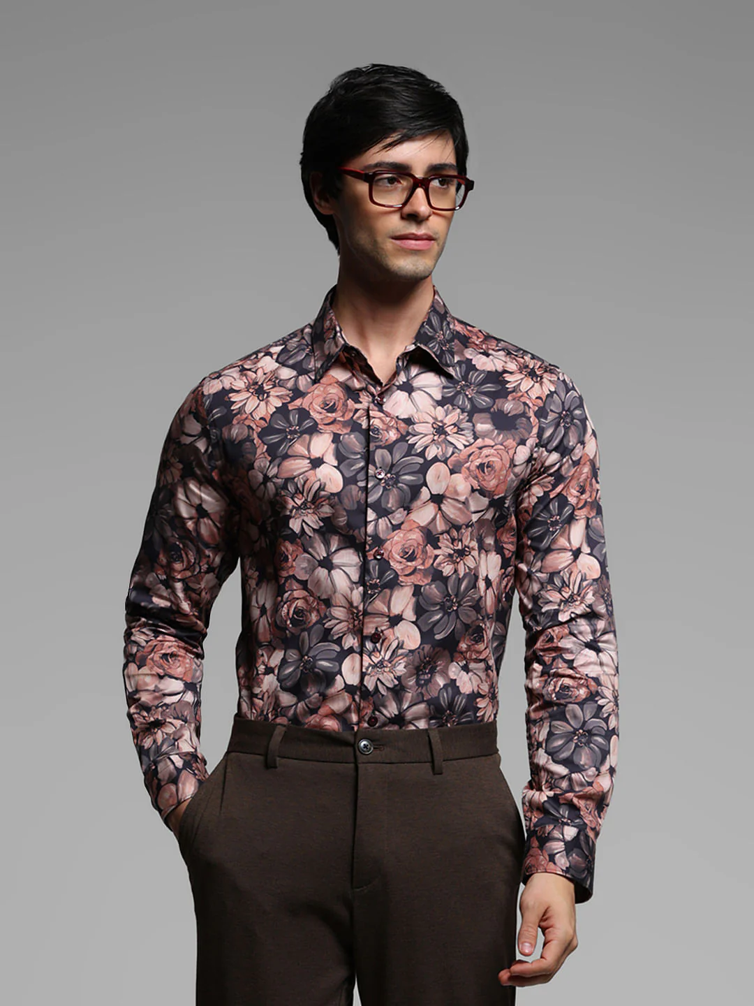 Brown Floral Cotton Full Sleeves Shirt