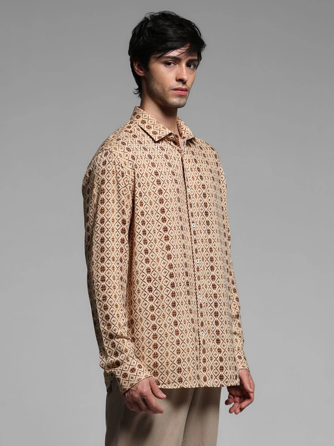 Brown Printed Linen Full Sleeves Shirt - Image 3