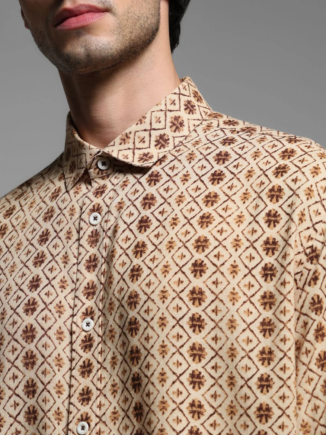 Brown Printed Linen Full Sleeves Shirt - Image 5