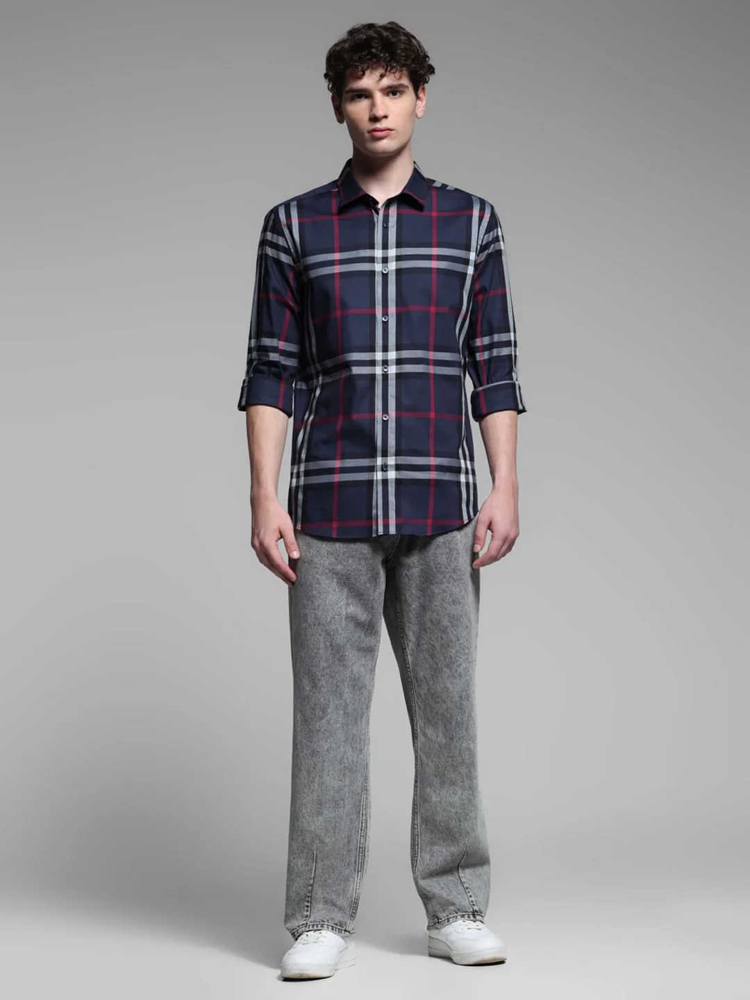 Navy Blue Check Stretch Shirt - Image 6