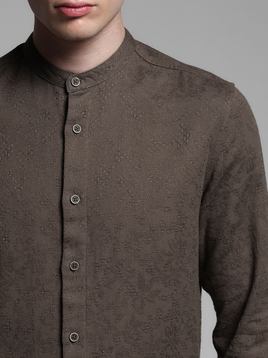 Dark Brown Jacquard Cotton Shirt - Image 5