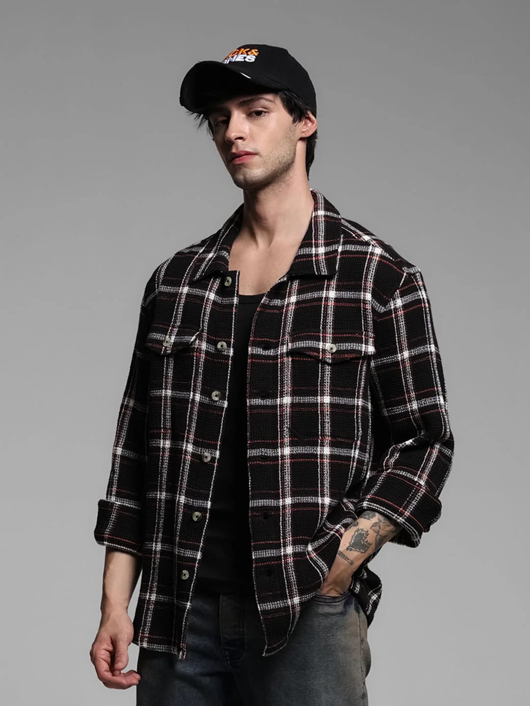 Black Waffle Check Full Sleeves Shirt