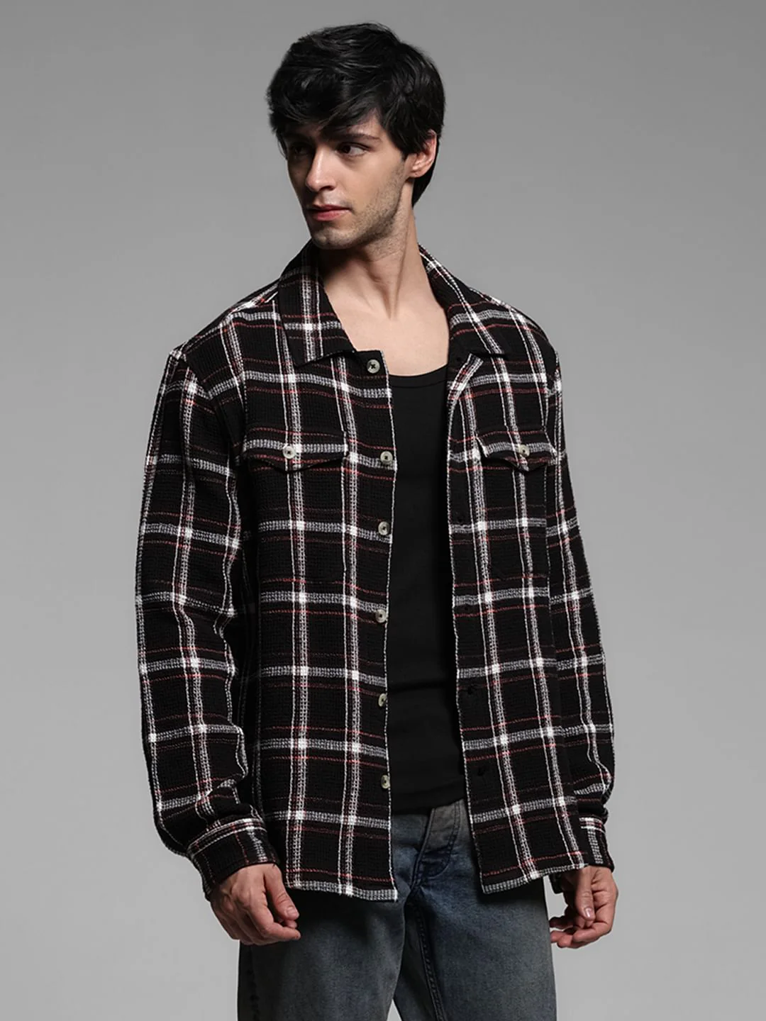Black Waffle Check Full Sleeves Shirt - Image 2