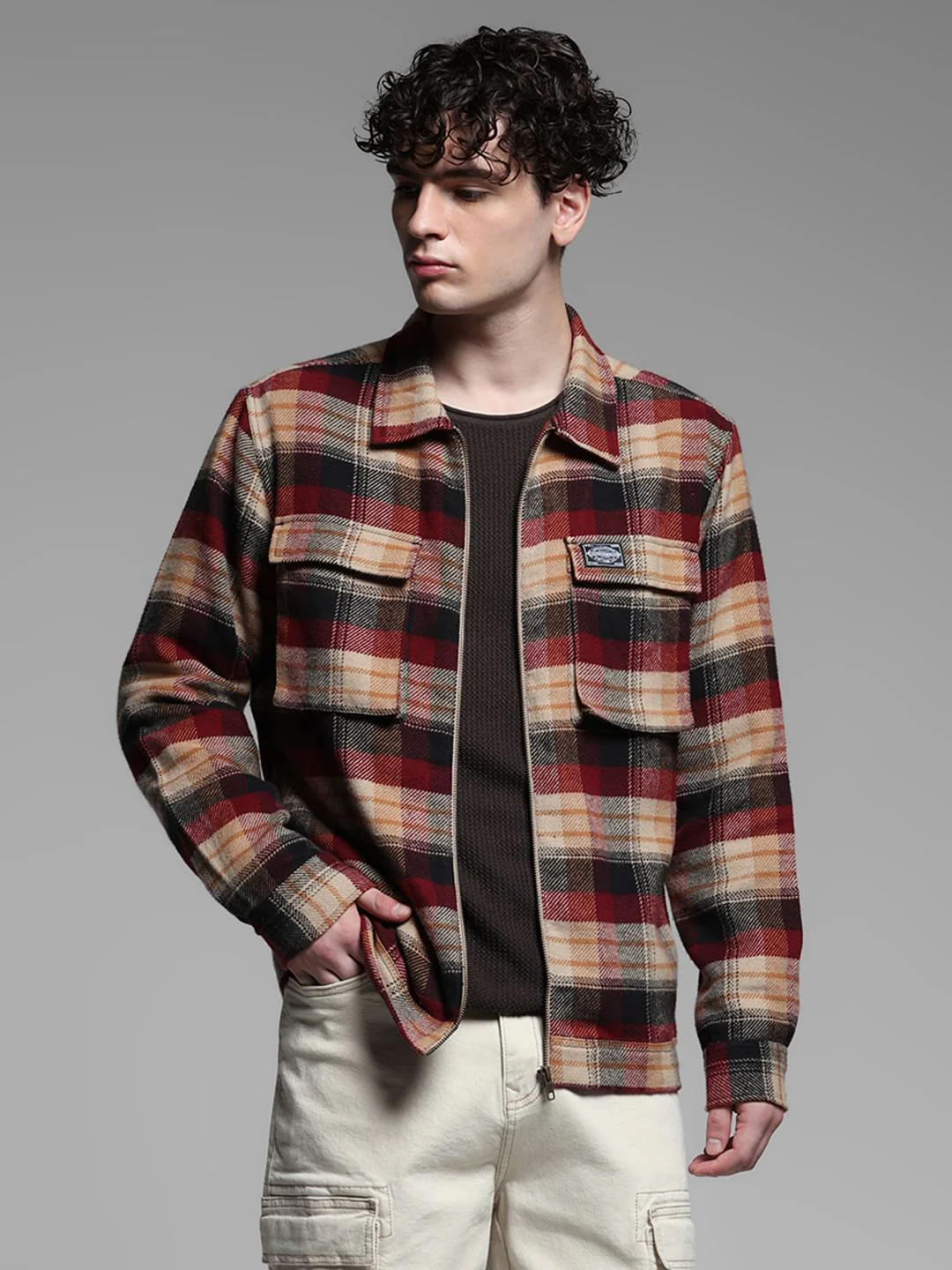 Red Check Zip-Up Cotton Shirt - Image 2