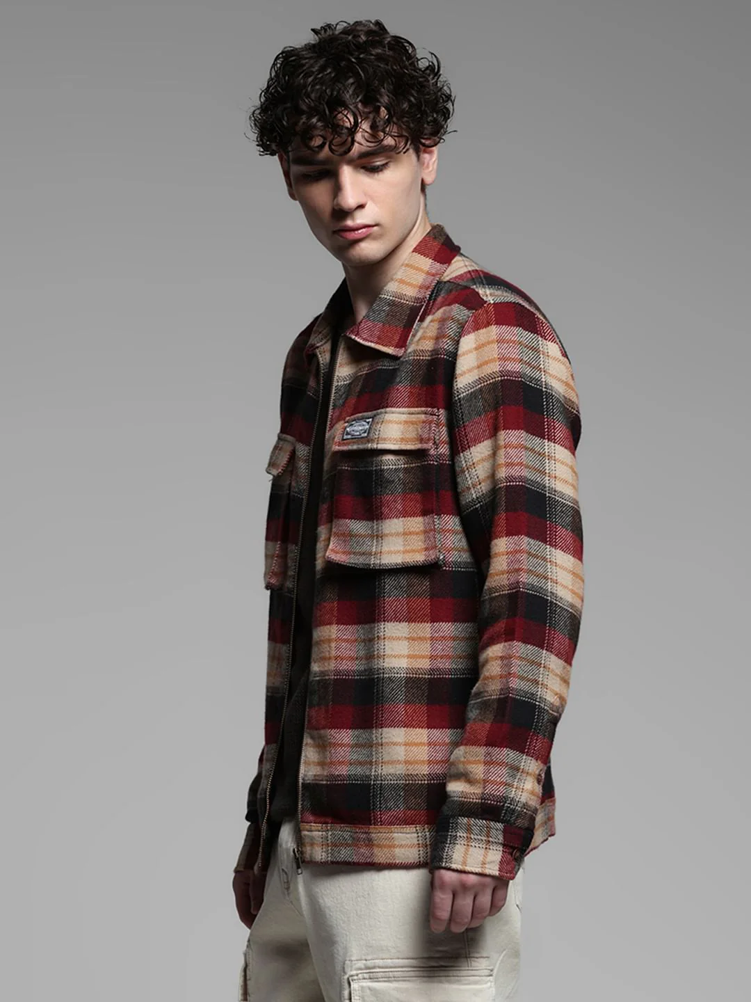 Red Check Zip-Up Cotton Shirt - Image 3