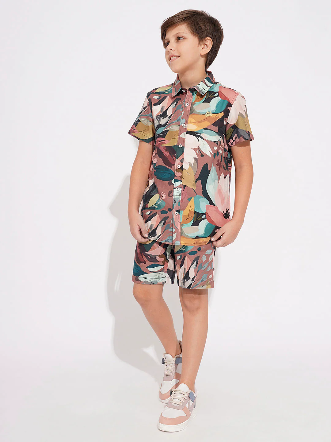 Boys Brown Printed Co-ord Set Shorts - Image 5