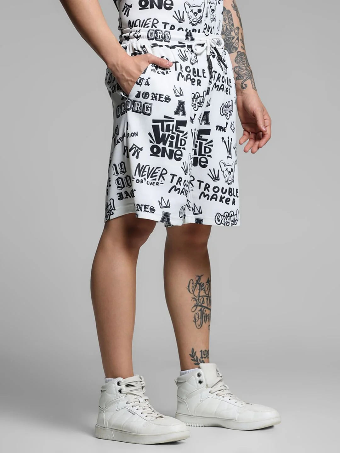 White Abstract Print Co-ord Set Shorts - Image 2