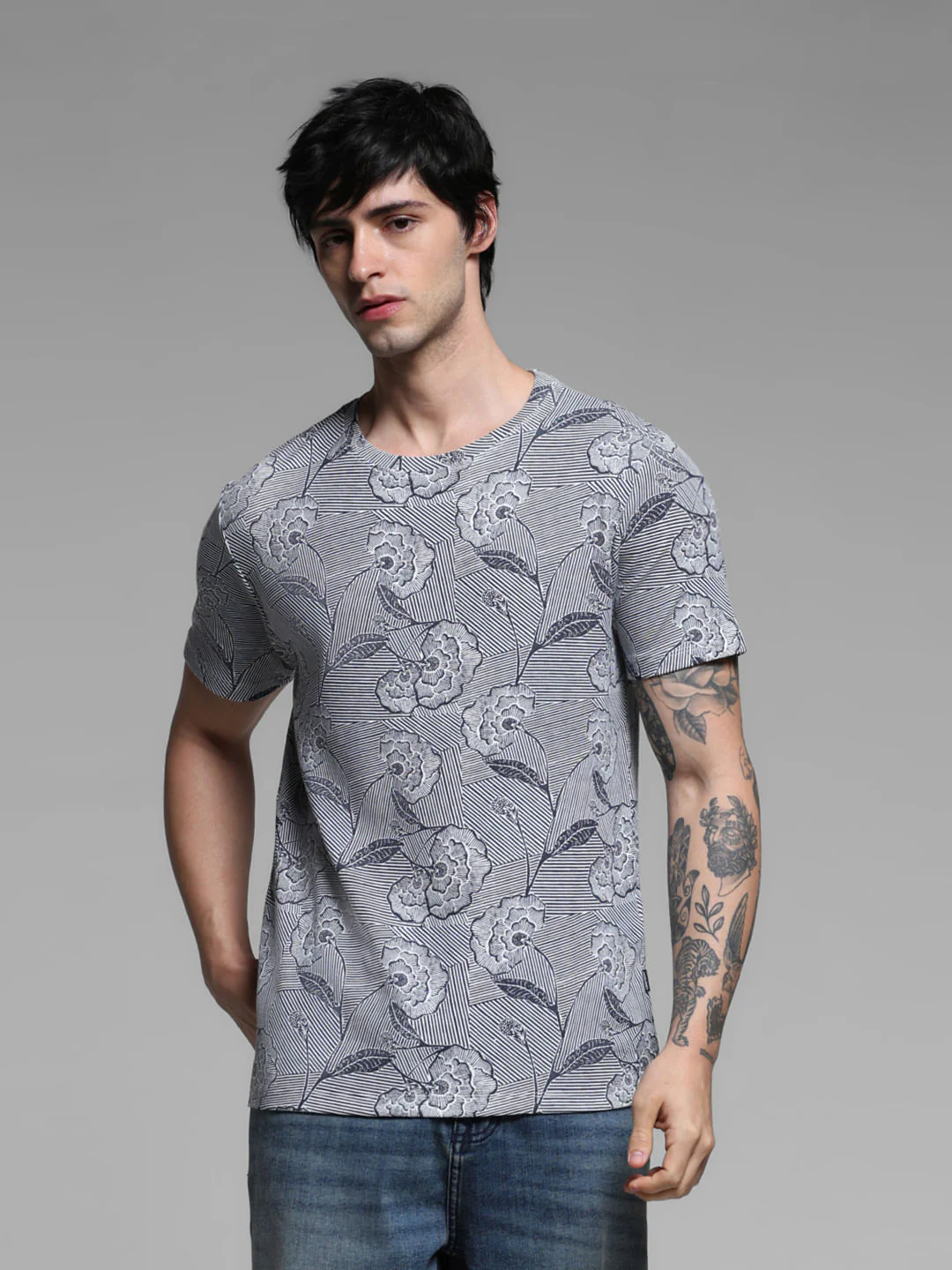 Blue Floral Print Cotton T-shirt