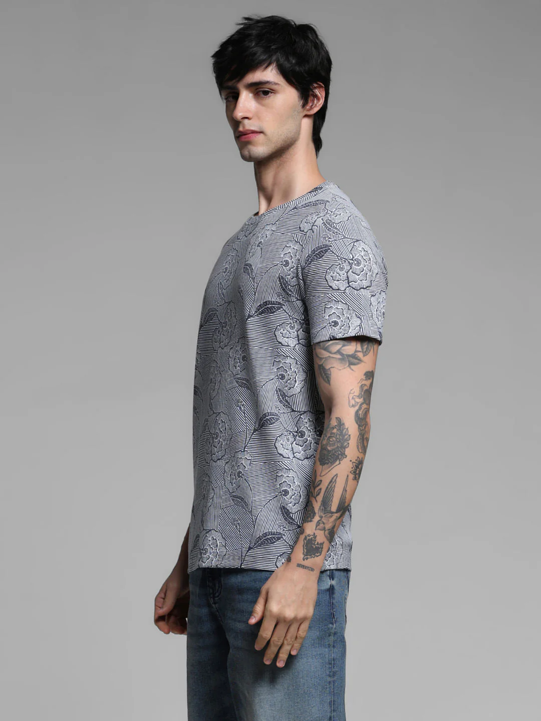 Blue Floral Print Cotton T-shirt - Image 3
