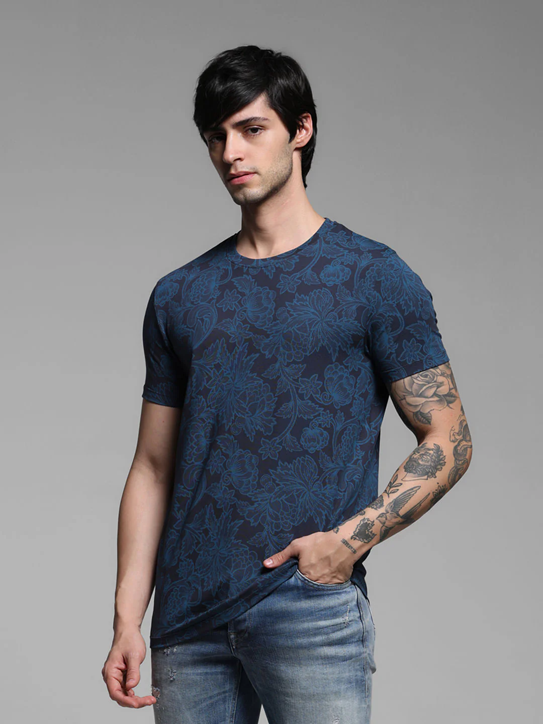 Blue Floral Print Slim Fit T-Shirt