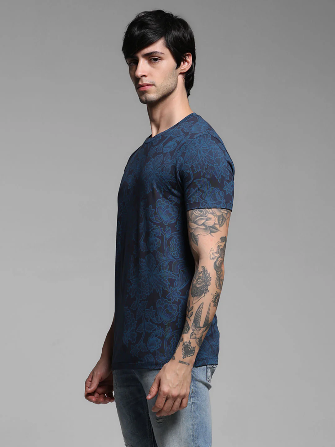 Blue Floral Print Slim Fit T-Shirt - Image 3