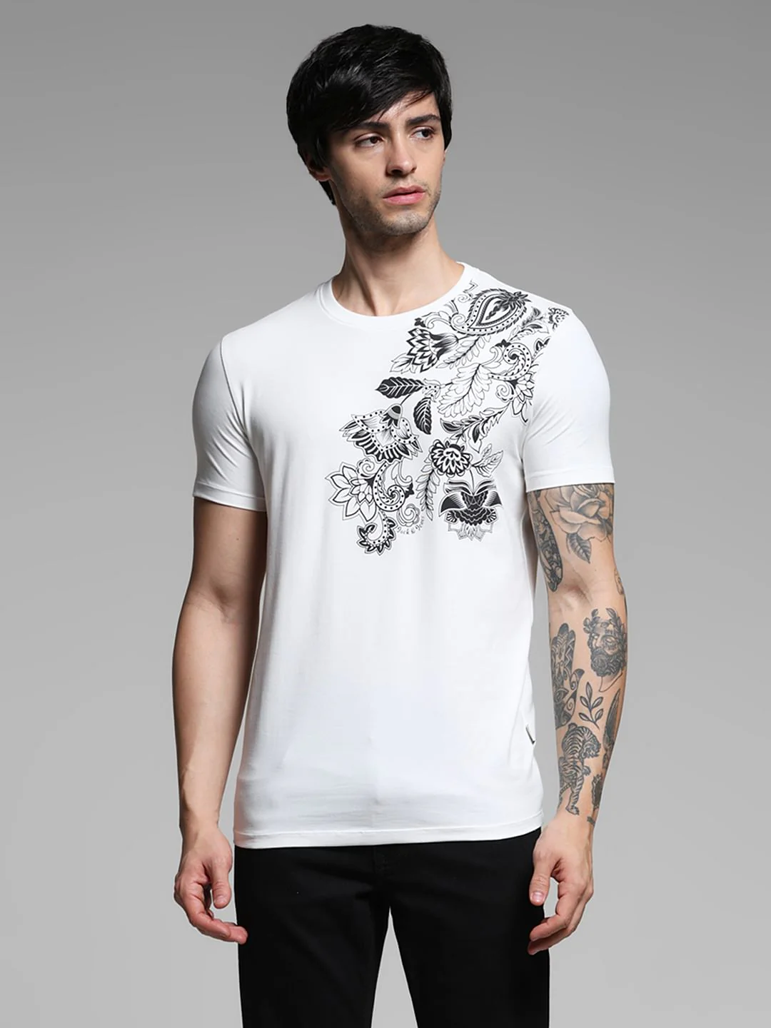 White Printed Crew Neck Slim Fit T-shirt - Image 2