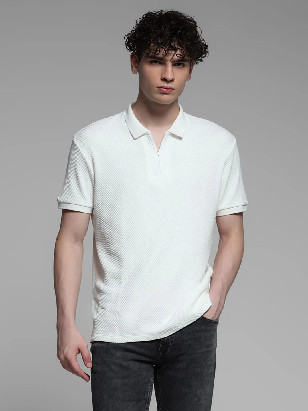 White Jacquard Cotton Polo - Image 2