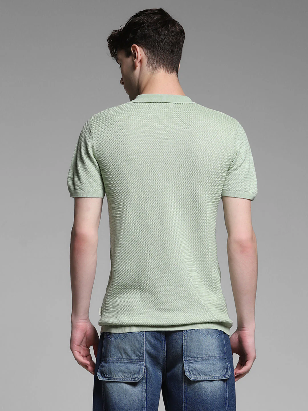 Men Solid Green Cotton Textured Knit Slim Fit Polo T-Shirt - Image 4