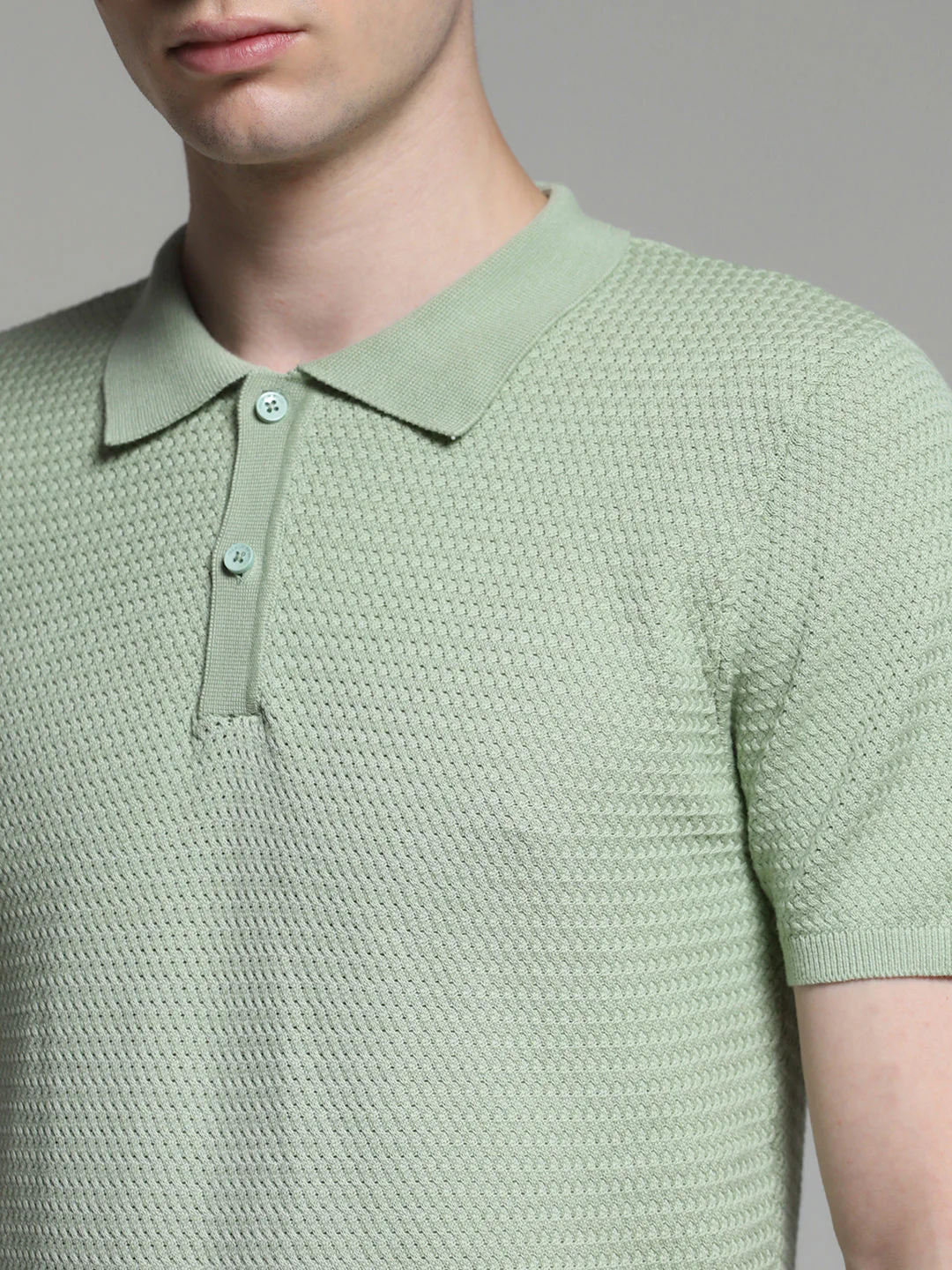 Men Solid Green Cotton Textured Knit Slim Fit Polo T-Shirt - Image 5